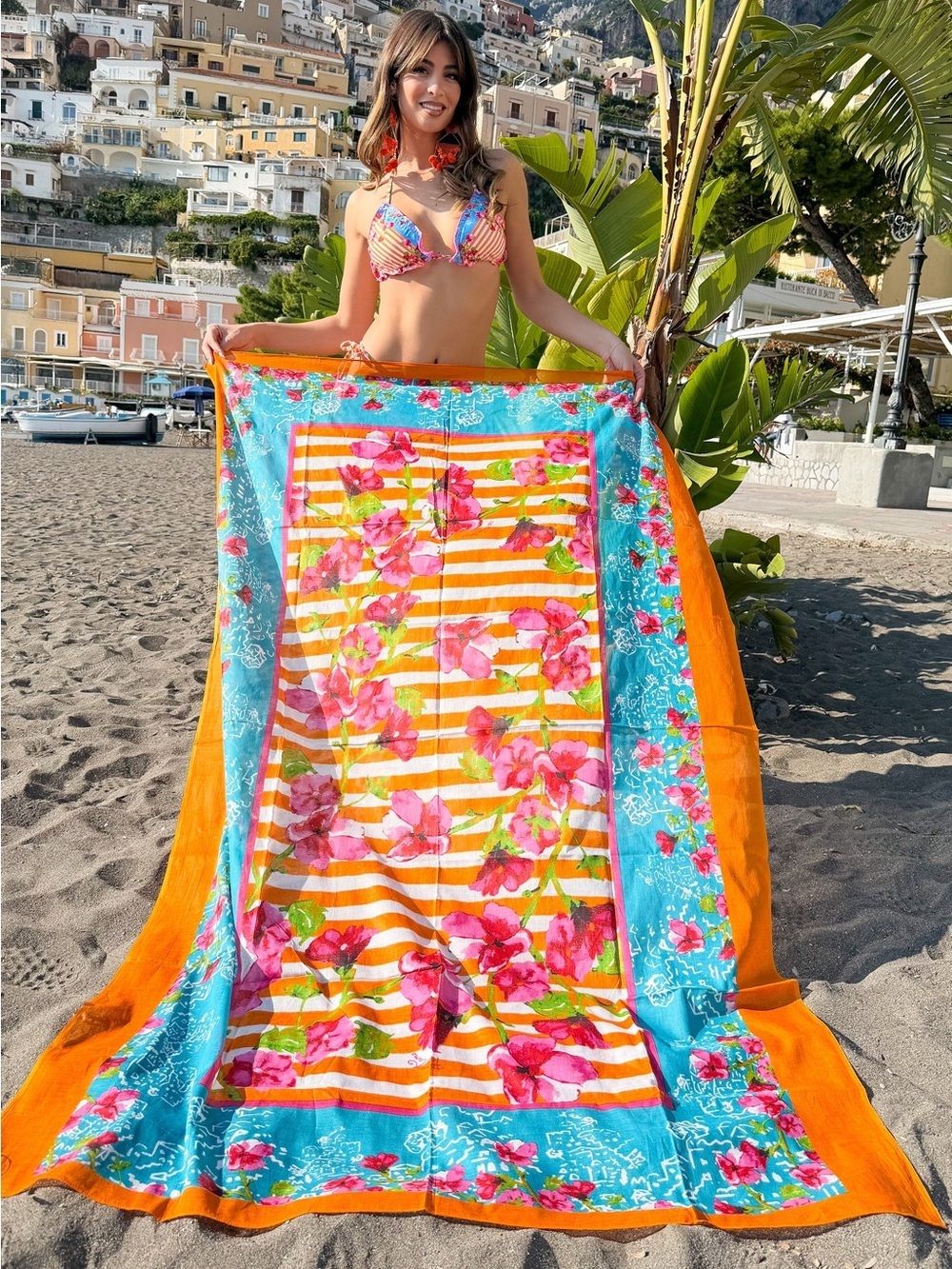 Antica Sartoria Oange Aqua Pink fFower Printed Cotton Wrap Scarf   NWT